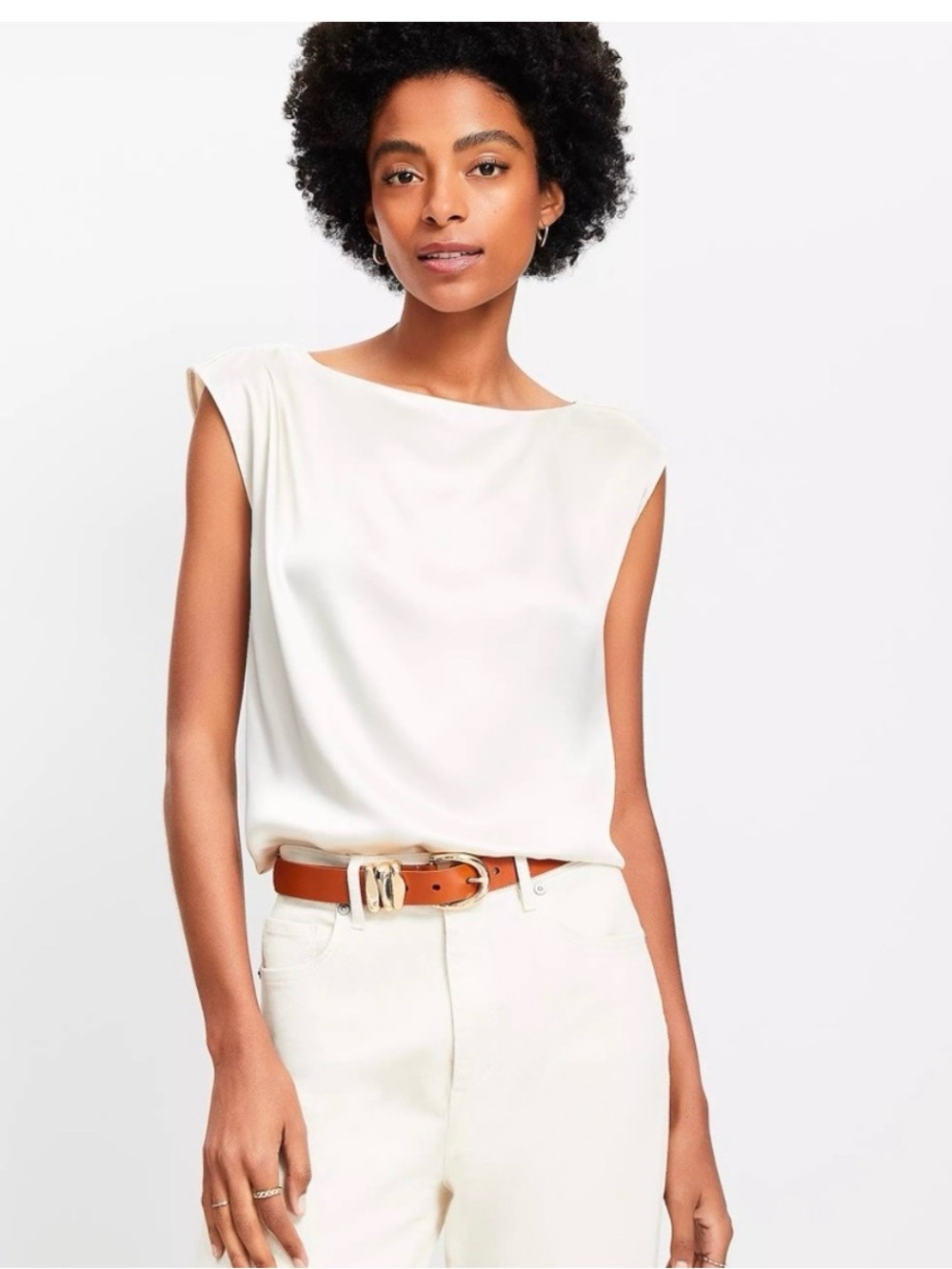 LOFT Petite Satin Pleated Shoulder Boatneck Top Shell.